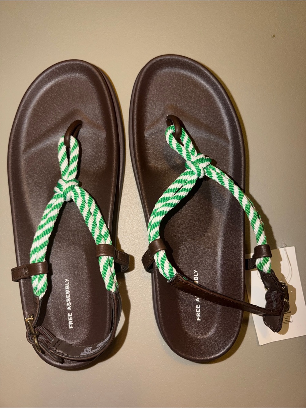 Women’s Brown Sandals with Green-White Rope Straps